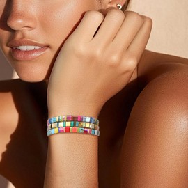 Sonateomber Tila Flat Beaded Stretch Bracelets for Women, Trendy Stackable Gold Purple Green Black White Glass Square Beads Stack Bracelet Beach Jewelry Gift