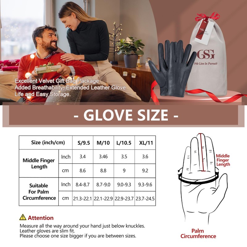 GSG SINCE 1998 Mens Chrome-free Leather Gloves Winter Touchscreen Sheepskin