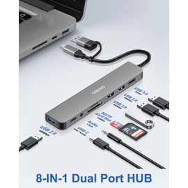 SINEHO 8-in-1 Dual USB Hub (USB-C & USB-A Input), Multiport USB C Adapter with USB 3.0, 3 USB 2.0 Ports, USB C Data, 3.5mm Audio Port, SD/TF Card Slots for MacBook, Laptops, PC & Type-C Devices