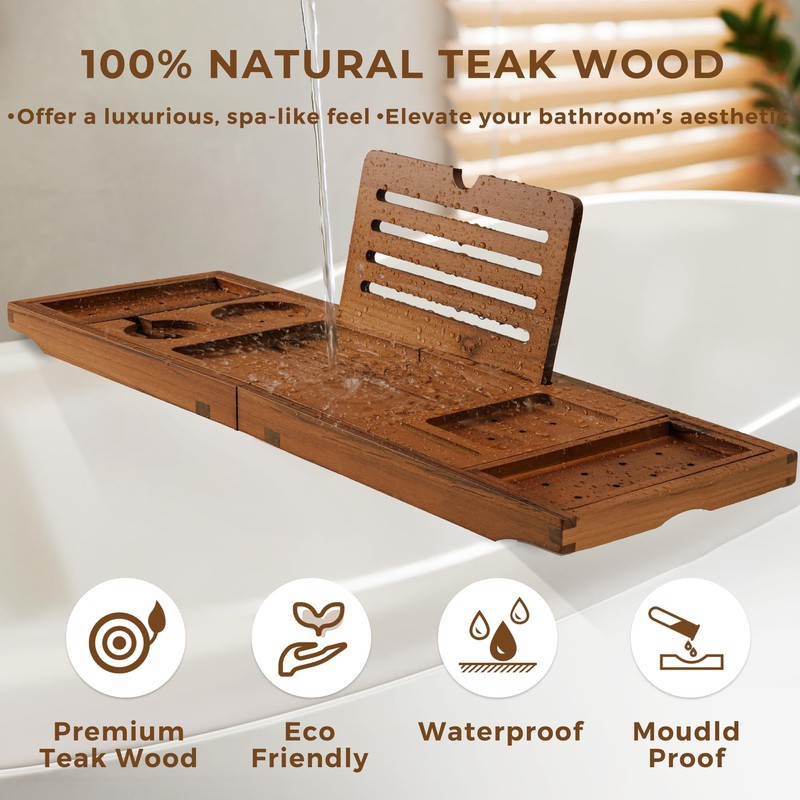 Teak Bathtub Tray, Luxury Bath Table Tray with Wine Glass