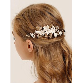 BERYUAN Wedding Whtie Flowers Pearls Hair Comb Pearls Rhinestone Headpiece Black Beads Rhinestone Handmade Handpiece for Bride Wedding Hair Accessories for Brides Bridesmaid