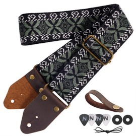 Nefelibata Guitar Strap,Jacquard Embroidery Cotton Guitar Straps with Crazy Horse Leather Ends for Bass, Electric & Acoustic, Best Gifts for Guitarists(Army Green Floral Embroidery)