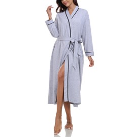 ANLIQI 100% Cotton Robe for Women Long Sleeve Knit Kimono Soft Lightweight Bathrobe Full-Length Housecoat with Pockets(Gray,XL)