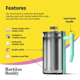 BaristasBuddy French Press Coffee Maker - Insulated, Stainless Steel Manual Coffee Makers For Home, Office Or Camping - Large 34oz Capacity For 4 Cups
