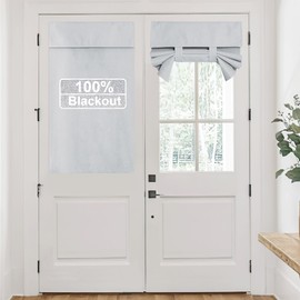 RYB HOME 100% Blackout Short French Door Linen Curtain for Small Window, Light Blocking Privacy Window Drapes for Front Doors Lightweight Tie up Shade, W 26 x L 40, Greyish White, 1 Panel