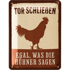 LANOLU Retro Blechschild Hühnerstall Schild - Tor SCHLIESSEN EGAL was DIE HÜHNER Sagen - Hühner Deko Geschenk als Hühnerstall Zubehör und Wanddeko - Vintage Metallschild15x20cm