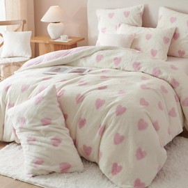Sedefen Plush Bed Linen 200 x 220 cm Fluffy Faux Fur Pink Hearts Bed Linen Girls Warm Winter Bed Linen Shaggy Flannel Duvet Cover and 2 Pillowcases 80 x 80 cm with Zip