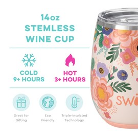 Swig Life 14oz Stemless Wine Cup, Insulated Wine Tumbler with Lid, Stainless Steel Wine Glass, Reusable Insulated Travel Tumbler, 14 oz Insulated Wine Glass with Lid (Full Bloom)