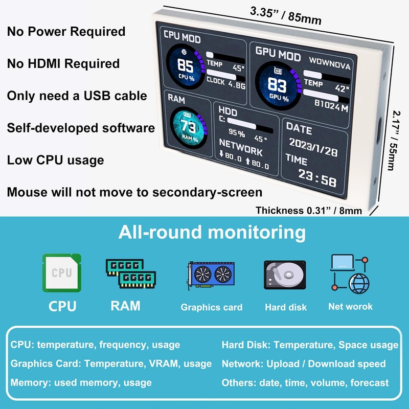 WOWNOVA White 3.5in Computer Temp Monitor, PC Temperature Display, PC