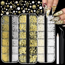 RODAKY 3 Boxes Nail Pearl and Charms White Beige Pearls for Nails Metal Small Nail Caviar Beads Gold Nail Studs Half Round Flatback Pearls for Acrylic Nails Art Manicure Decor Accessories Kit