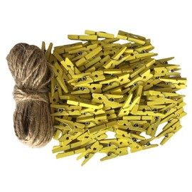 DurReus Mini Wooden Clothespins for Pictures Home Decor Tiny Clothes Pins with Jute Twine Yellow Pack 100