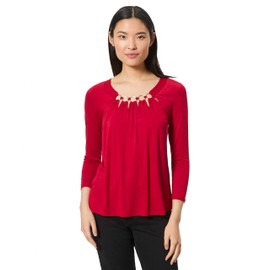 3/4 Sleeve Boat Neck Metal Ring Detail Top Jet Black (US, Alpha, Small, Regular, Regular, Jester Red)