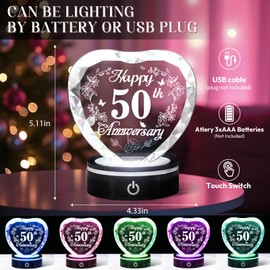 50th Wedding Anniversary Crystal Heart Gifts for Parents, Crystal Heart with Colorful Light Base 6 Lights Modes Night Light with Meaningful Words and Patterns, 50th Wedding Anniversary Romantic Gifts