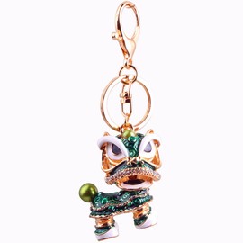 Axmerdal Animal Keychain Cute Chinese Traditional Dance Lion Car Handbag Pendant Key Chain for Women and Men Keyring Gift (Green, Head to Right)