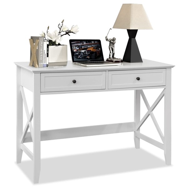 White Computer Desk with 2 Drawers, Modern Makeup Vanity Desk