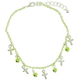 Mi Amore Green Ankle Bracelet Green Spherical & Silver-Tone Cross Shaped Charms