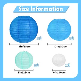 Peywot 12Pcs Blue and White Paper Lanterns Assorted Sizes (6" 8" 10" 12") for Home Decor, Wedding, Birthday, Mamma Mia Party Decorations, Hanging Chinese Japanese Paper Lantern (3 Blue Colors)