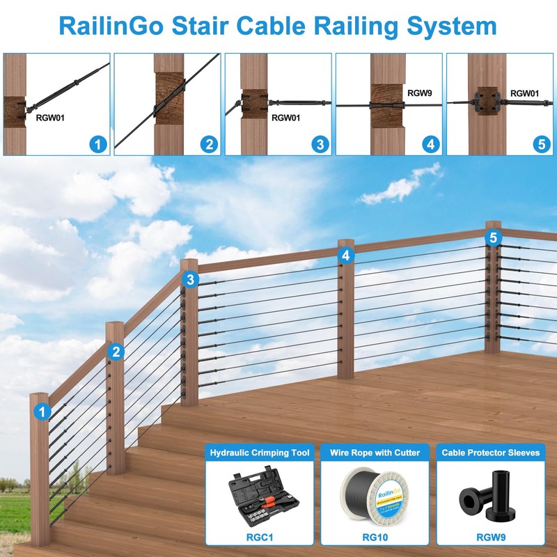 10 Pair 1/8" Adjustable Angle Stair Cable Railing Kits, Swage