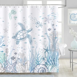 Dazzlewall Sea Turtles Shower Curtain, Blue Ocean Maritime Sea Coral 180 x 180 cm, Waterproof Bathroom Curtain, Anti-Mould, Polyester Fabric with 12 Hooks
