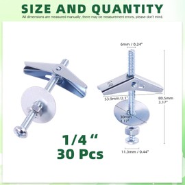 Keadic 30Pcs 1/4'' Toggle Anchors with Wing Nut and Hex Nuts, Washers, Heavy Duty Hollow Drywall Anchors Screw Kit for Frames Shelves Hanging Heavy Items