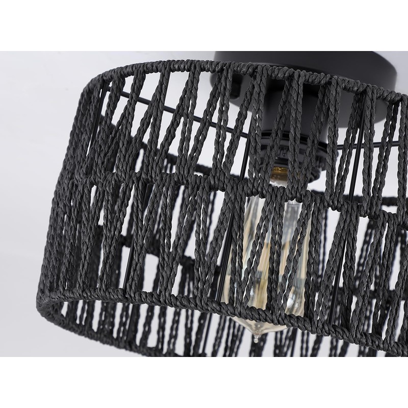 Hchunqjor Coastal Black Woven Flush Mount Light Fixture Rustic Industrial