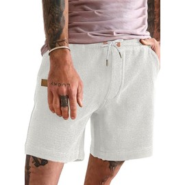 Elegancity Men's Waffle Shorts Sports Shorts Elastic Waist Baggy Beach Shorts with 4 Pockets S-3XL, 1 white