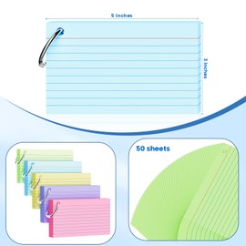250 Count Index Cards 3x5 Inch with Key Ring, 180gsm Heavy Weight Colored Flash Cards 5 Color Assortment (50 Sheets Each), Note Taking for Students, Teachers, Study Note Cards for Office Home School