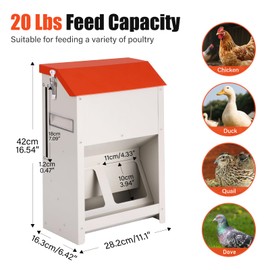 MUDUOBAN 20Lbs Automatic Chicken Feeder No Waste Hanging Mount Poultry Feeder Chicken Coop Food Feed Trough,with Visual Window and Rainproof Lid,Outdoor Use (Red)