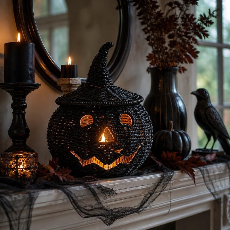 Black Handwoven Seagrass Pumpkin Jack-O-Lantern for Spooky Halloween Candy Storage,