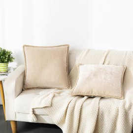 decorUhome Farmhouse Decorative Throw Pillow Covers Set of 2 Trimmed Edge Velvet Cushion Cases for Couch Living Room, Light Tan, 22x22 inch