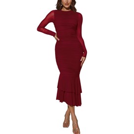 Atizon Elegant Ruched Bodycon Evening Dresses for Women Cocktail Party Formal Maxi Mermaid Dress Wine Red