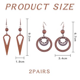 SLEEKEE 2 Pairs Wooden Earrings, Vintage Earrings, Geometric Earrings, Boho Earrings, Women's Earrings, Unit size