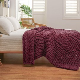 WESHIONGOO Chunky Knit Blanket Throw Knitted Throw Blankets for Couch Bed Fluffy Soft Blanket with Jumbo Chenille Yarn Thick 100% Handmade(Burgundy Red, 50"×60")
