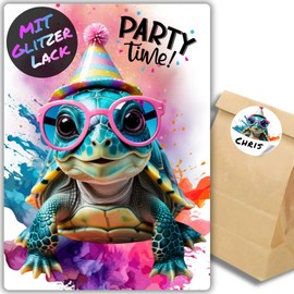 12 x Party Turtles Glitter Invitation Cards – Teenager Children's Birthday Boys & Girls – Cool Animal Birthday Invitations + 12 Stickers + 12 Gift Bags