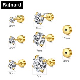 Rajnard 6pcs Surgical Steel Stud Earrings with Replacement Earring Backs Rold Hypoallergenic Flat Back Helix Earrings for Women Girls Cubic Zirconia Diamond Cartilage Tragus Earrings