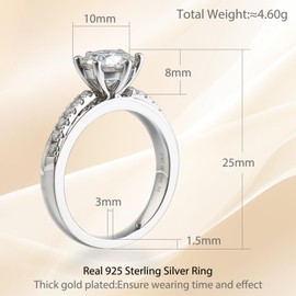 Moissanite Solitaire Engagement Ring for Women,2CT Round Cut D Color VVS1 Simulated Diamond Half Eternity Wedding Band S925 Sterling Silver with 18K White Gold Plated Elegant Gemstone Jewelry（6）