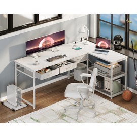 AODK 61 Inch L Shaped Computer Desk with Drawers, Corner Desk with Power Outlets & Reversible Storage Shelves, Movable CPU Stand for Home Office Gaming, White