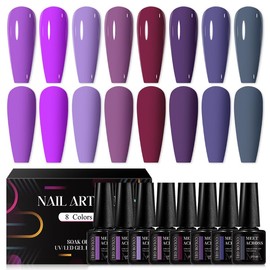 8PCS Gel Nail Polish Kit, Purple Gel Polish Lavender Violets Nail Polish Soak Off LED Nail Art Manicure Holiday Grape Purple Gel Nail for Women DIY Home Salon