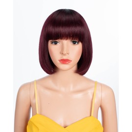 JOEDIR LUX Bob Straight Human Hair Omber Black Wine Wig Wear and Go Glueless Wig with Bangs for Women's Daily Wear