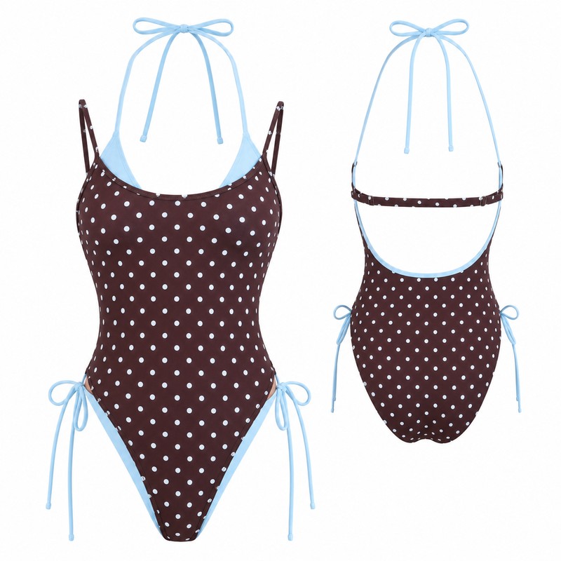 Vintage Polka Dot One-Piece Swimsuit for Women – Reversible Halter