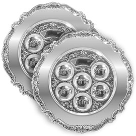 Ner Mitzvah Silver Plated Passover Seder Plate - Traditional Judaica Passover Seder Plate - Kaarah Shallow Traditional Design Large 12" Diameter - Pack of 2