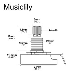 Musiclily Pro HD A25K Full Brass Inch Size Fine 24-Spline Split Shaft Pot Audio Taper Potentiometer for Electric Guitar Bass