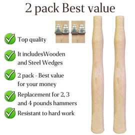 2 pack Wood Sledge hammer handle replacement for 2, 3 and 4 lb Complete Set with Wooden and Steel Wedges - Wood replacement ball pien hammer handle - Wood tool handle - Wooden handle hammers in bulk