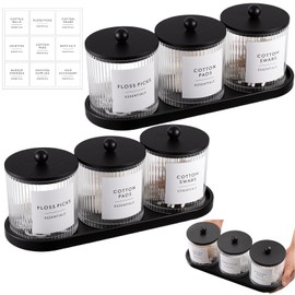 Vesici 6 Pack Bathroom Canisters Ribbed Apothecary Jars with Bamboo Lids 2 Bamboo Trays and 9 Label Stickers Cotton Swabs Holder Bathroom Organizer Storage Set Acrylic 18 oz Dispenser Container(Black)