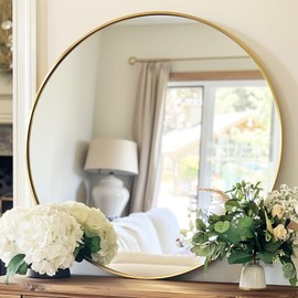 Winnker Gold Round Mirror, Circle Mirror 24 inch, Gold Round Bathroom Mirrors, Circle Wall Mirrors for Bathroom, Living Room, Hallway, Vanity, Over Sink, Mantel