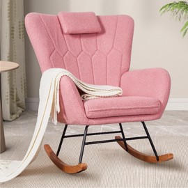 VECELO Rocking Chair Nursery with Thick Headrest, Modern Teddy Upholstered Reading Glider Rocker Accent Armchair with High Backrest, Padded Seat, Side Pocket, for LivingRoom, Baby Room, Soft Pink