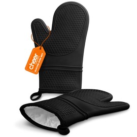 Cheer Collection Silicone Oven Mitts - Heat Resistant Kitchen Oven Mitt Set with Waterproof Shell & Soft Cotton Lining, Cooking Mittens & Pot Holders for Kitchen, BBQ, Baking, Grilling, Black