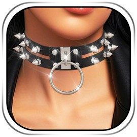 Campsis Gothic Punk Double Row Spiked Choker with O-Ring, Black Leather, Silver Metal Studs