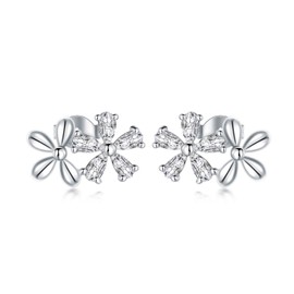 LONAGO Flower Stud Earrings 925 Sterling Silver Cubic Zirconia Flower Earrings Jewelry for Women Daughter (White)