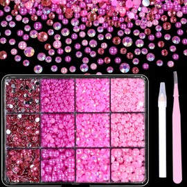 Flatback Pearls and Jelly Resin Rhinestones for Crafting, Multi Sizes Resin Rhinestones and Half Pearls for Bedazzling, Nail Art and Decoration with Tweezer and Pickup Pencil (Rose Pink)
